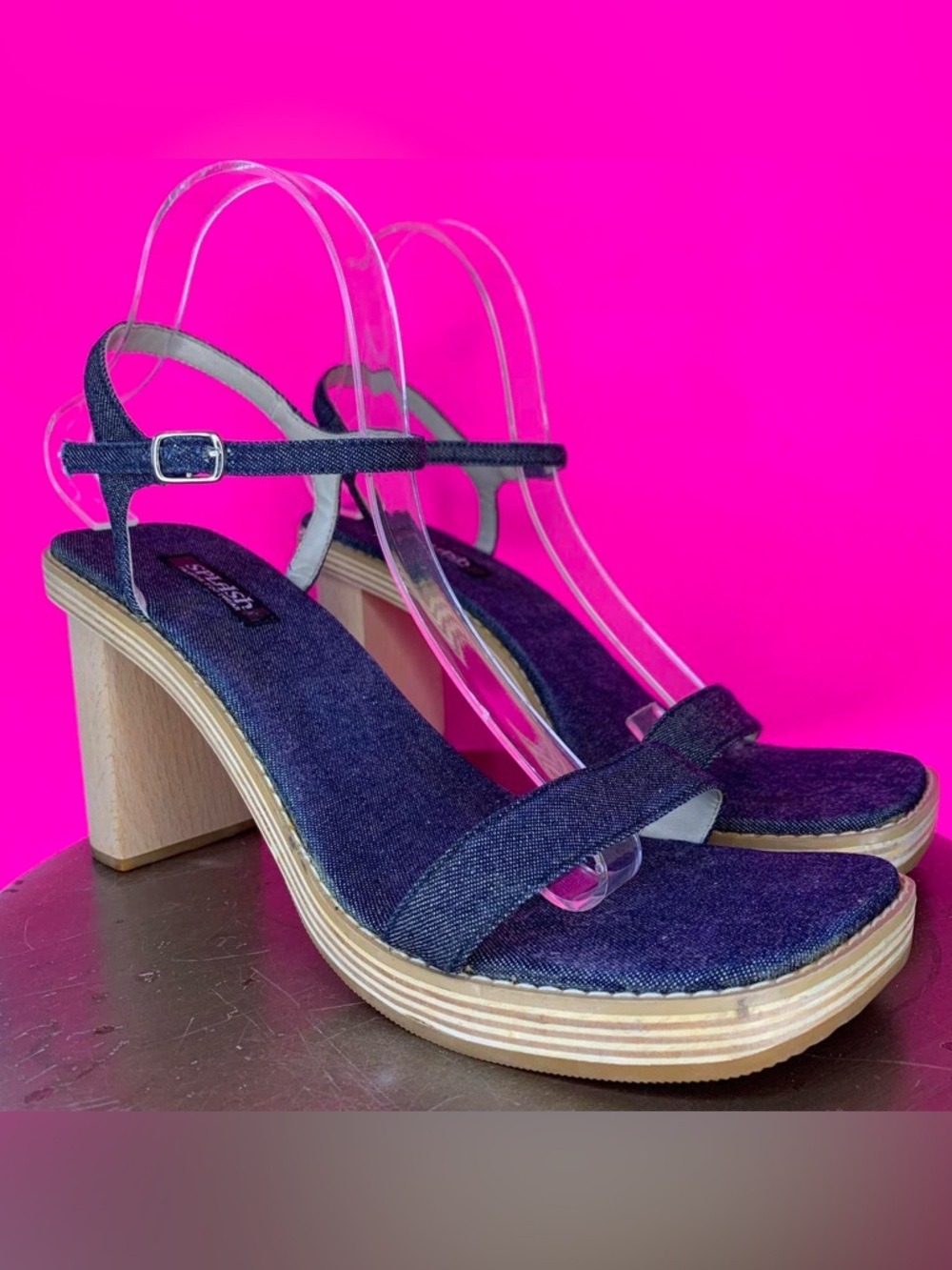 Vintage Splash Dark Blue Denim Wood Heeled Open Toe Sandal US 10